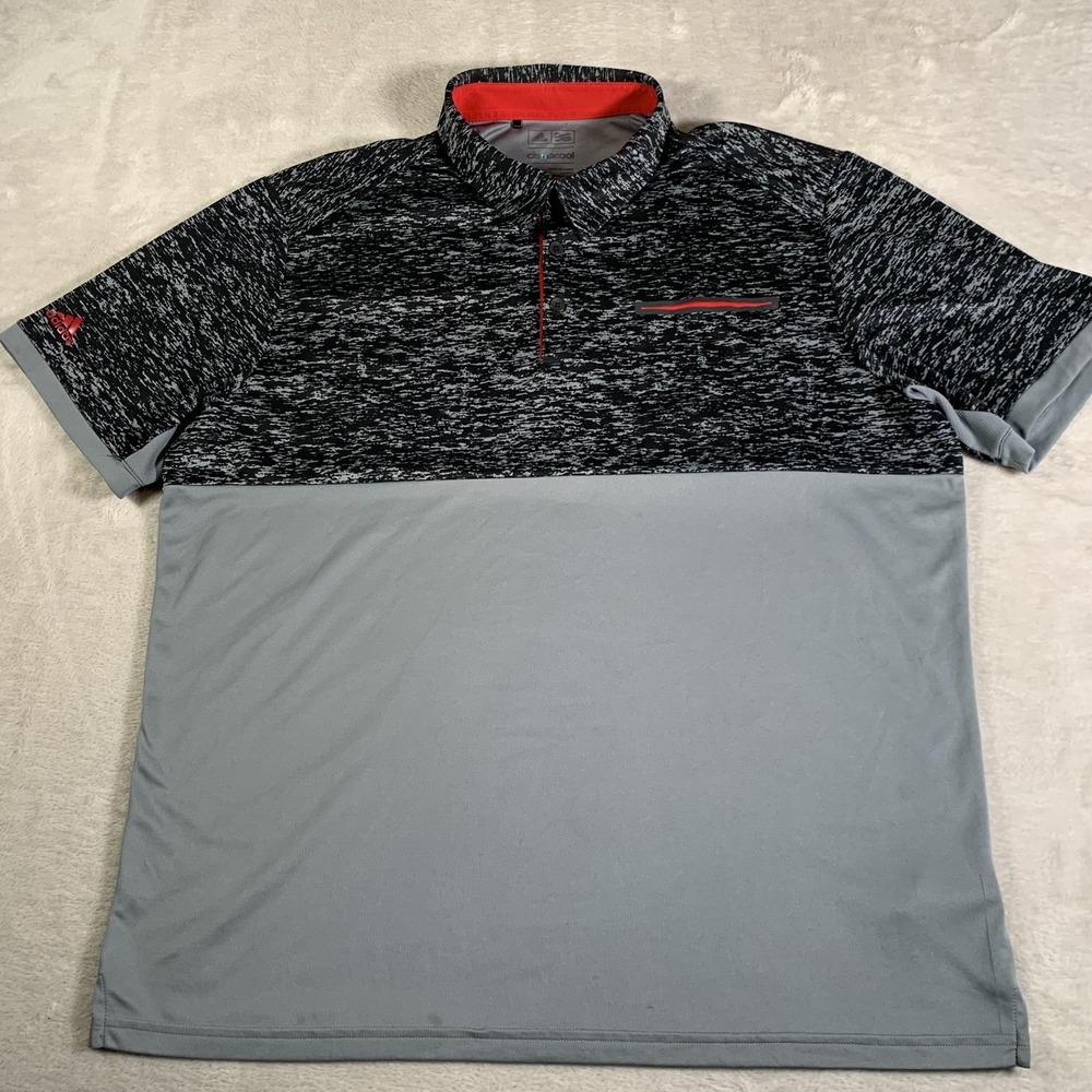 Adidas Polo Shirt Mens XL Black Gray Red Climacool Golf Chest Pocket Performance
